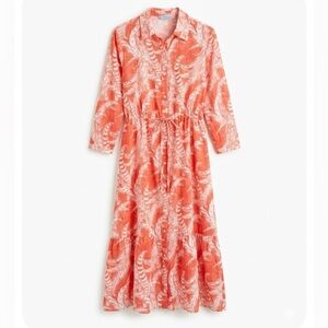 J. McLaughlin Foley Linen Shirt Dress Orange Coral Feather Print Size M
